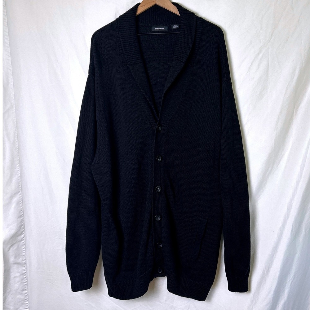 Claiborne Mens Shawl Collar Button Front Cotton Cardigan Sweater Size 4XLT Black